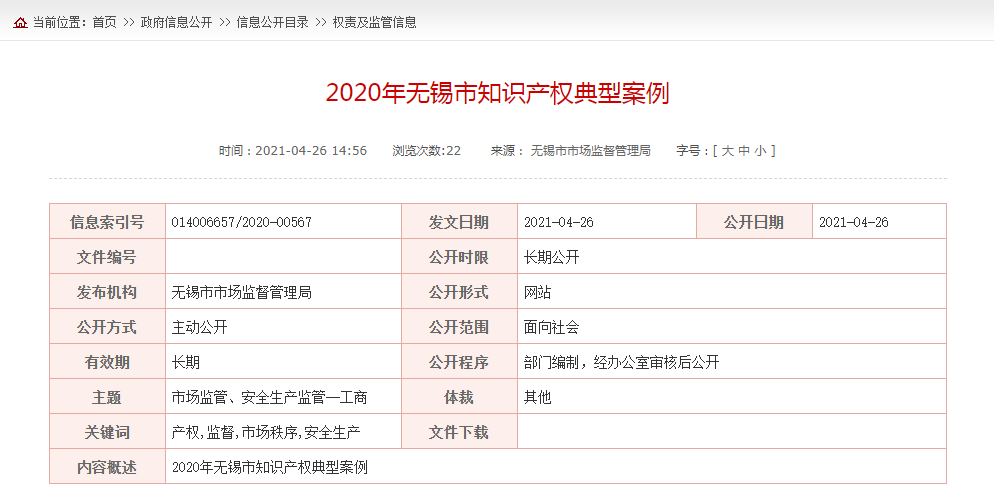 江苏省无锡市2020年知识产权典型案例(图1)