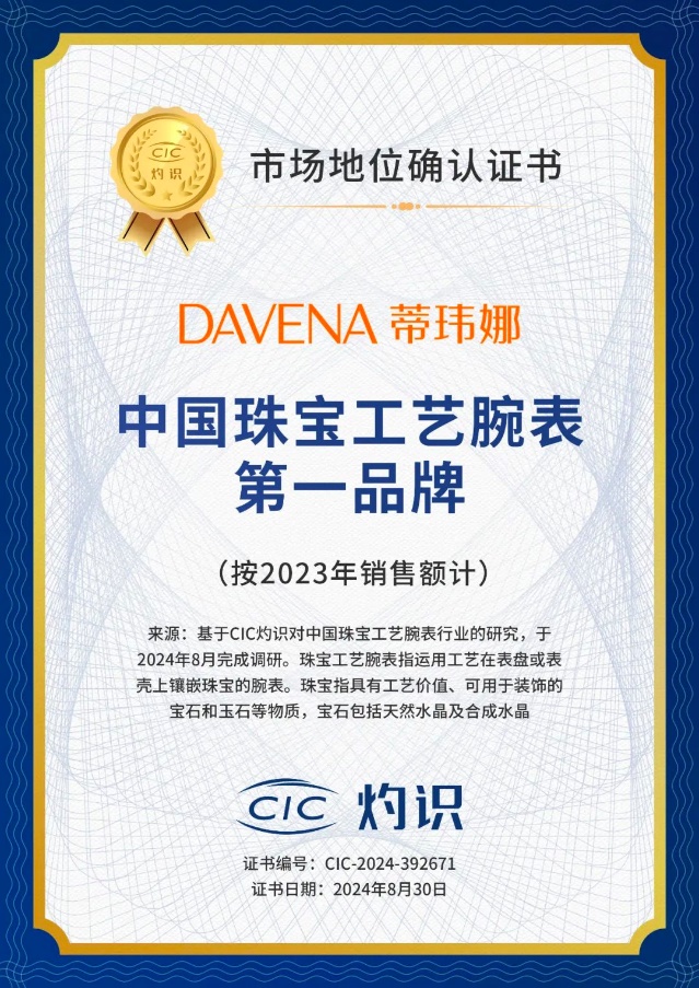DAVENA蒂玮娜获CIC灼识咨询“中国珠宝工艺腕表第一品牌”市场地位认证(图1)
